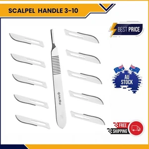 10 X SCALPEL SURGICAL BLADES STERILE & X1 STAINLESS STEEL HANDLE #3 / #4 - Picture 1 of 8
