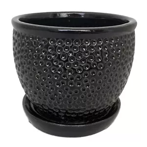 Kiesel schwarz Keramik Topf mit angenähter Untertasse - 5,5" x 4,75" - Bild 1 von 1