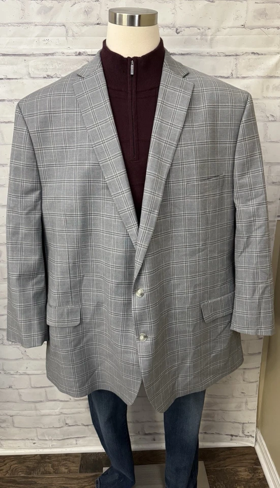 Shaquille O’Neal XLG 58L Suit Sport Coat Jacket Gray Blue Windowpane Plaid - Image 1 of 4