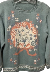 Vintage Oma Pullover Blumen Fächer Schleife Gr. M 80er Grandmacore - Bild 1 von 5