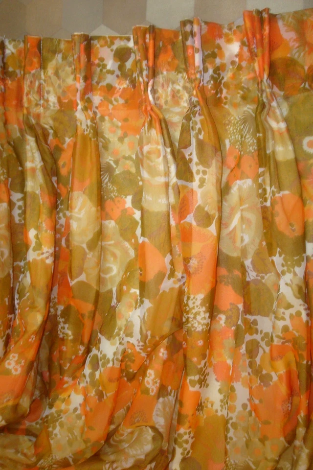 One Pr 2 pc Custom Lined DRAPES Sheer Poppy Pinch Pleat Curtains Orange 83" lg - Image 1 of 4