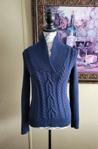 Chaps Denim Damen Small Navy Schalkragen Zopfmuster Langarm Pullover Sweater - Bild 1 von 13