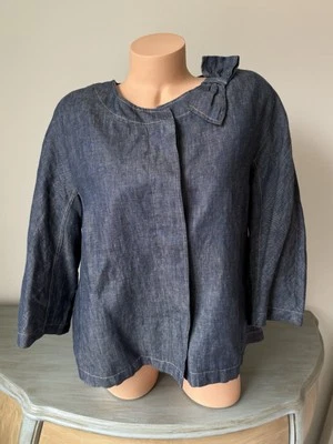 Talbots Sz 14w Rich Blue-Jean Indigo 100% Linen Denim Dress Blazer Jacket XL - Image 1 of 4