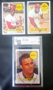 1969 Topps St Louis Cardinals HOF 3 card lot - Brock/Gibson/GAI Graded Torre - Picture 1 of 7