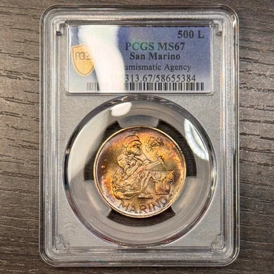 MS67 1975 San Marino Silver 500 Lire, PCGS Trueview- Lustrous Rainbow Toned - Image 1 of 4