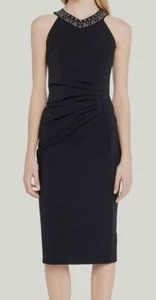 $750 Chiara Boni Women's Black Ruched Beaded Halter Midi Dress Size 12 - Picture 1 of 5