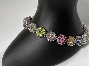 CLAD STERLING SILVER MULTI Flower Shape GEMSTONE BRACELET 925 Silver 6.75” - Picture 1 of 13