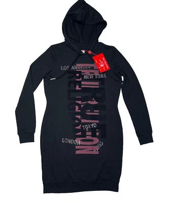 NUEVO Vestido negro con capucha True Religion City para mujer pequeño logotipo grande y2k aspecto grunge Foto 1 de 4