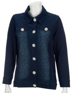 NWT QUACKER FACTORY DREAMJEANNE SPARKLE BUTTON ANIMAL PRINT JACKET, INDIGO, MEDI - Picture 1 of 4