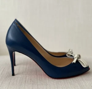 Christian Louboutin Mid Blue Leather Heels with Bow Size 36.5 USED WORN ONCE - Picture 1 of 14