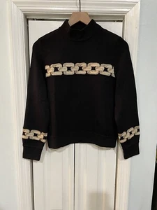 ST. JOHN COLLECTION By Marie Black Gold Metallic Chain Print Sweater Size P - Picture 1 of 3