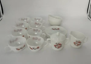 Vintage Fire-King Fleuette Set Cups, Saucers, Bowls, Sugar Bowl W/Lid & Creamer - Picture 1 of 15