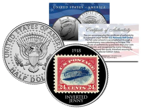 INVERTED JENNY 1918 STAMP Colorized JFK Half Dollar U.S. Coin Upside Down Error Cover