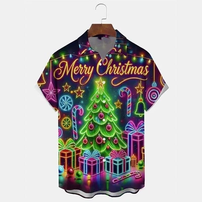 Camisas con botones para hombre Neón Árbol de Navidad Estampado Prendas para el torso hawaiano Feo Regalo de vacaciones Foto 1 de 4