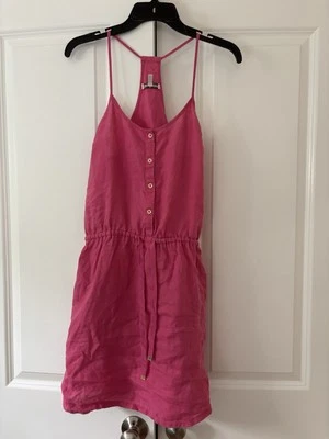 Juicy Couture 女式迷你连衣裙 S 粉色亚麻无袖金色纽扣抽绳 — 第 1/4 张图片