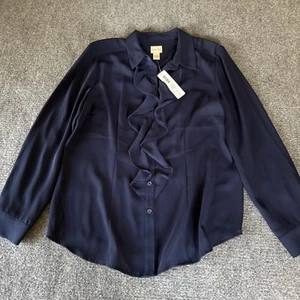 Chicos Ruffle-Front Long Sleeve Button Up Shirt Deep Navy Blue Size 1 NWT - Picture 1 of 11