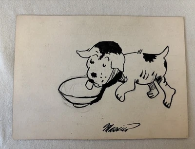 "Bolígrafo dibujado a mano boceto de perro firmado Massier 4x5,5""" Foto 1 de 2