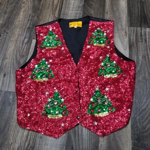 Vintage JC 001 USA Sequin Christmas Vest Holiday Party Sparkly Trees Red XL - Picture 1 of 9