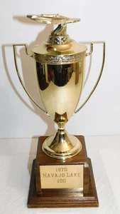 Vintage MCM Metal Gold Cup Race Speed Boat Trophy With Wood Base 14" Tall - Picture 1 of 11