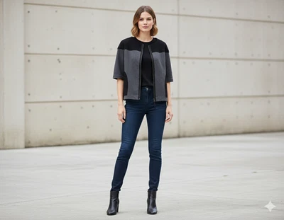 Chaqueta Blazer Tory Burch Mujer Gris Negra Bolsillos Manga Corta Cremallera Completa Grande Foto 1 de 3