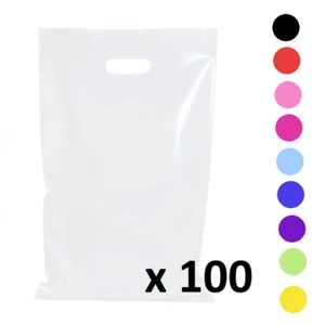 100 x STRONG THICK PLASTIC CARRY BAGS DIE CUT HANDLES SMALL MEDIUM LARGE - Picture 1 of 52