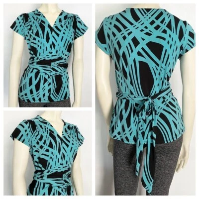 MARc BOUWER KNIT TOP, POLYESTER SPANDEX, V NECK, CUMBERBUND TIE, teal BLACK XS - Image 1 of 4