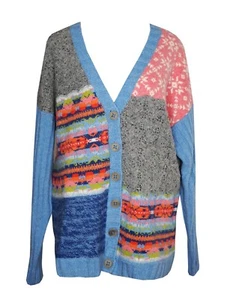Cárdigan Suéter SUNDANCE M Azul Estampado Mixto Retazos Lana de Cordero Lana Abotonada - Imagen 1 de 5