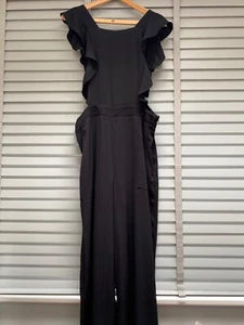 ZARA Black Crop Jumpsuit XL Wide Leg Ruffle Front Pant Suit Dungarees Adjustable - Picture 1 of 10