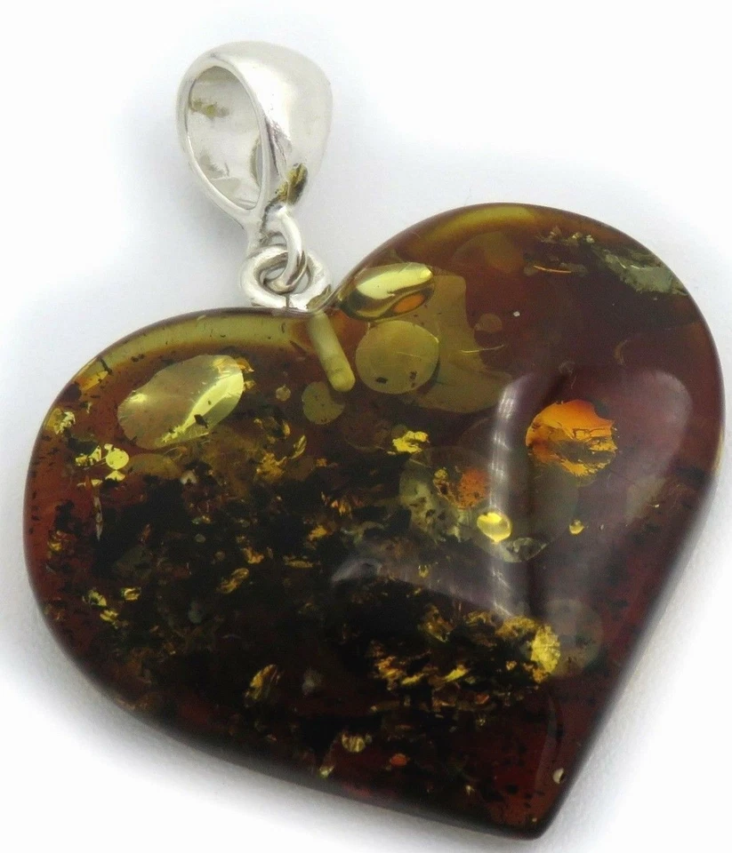 Nuovo Ciondolo Vero Ambra Naturale Verde Mar Baltio Cuore Con Silberschlaufe 925 - Immagine 1 di 4