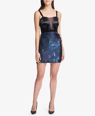 Vestido ceñido al cuerpo de malla con flecos y lentejuelas azules de cuero sintético negro GUESS para mujer talla 6 Foto 1 de 4