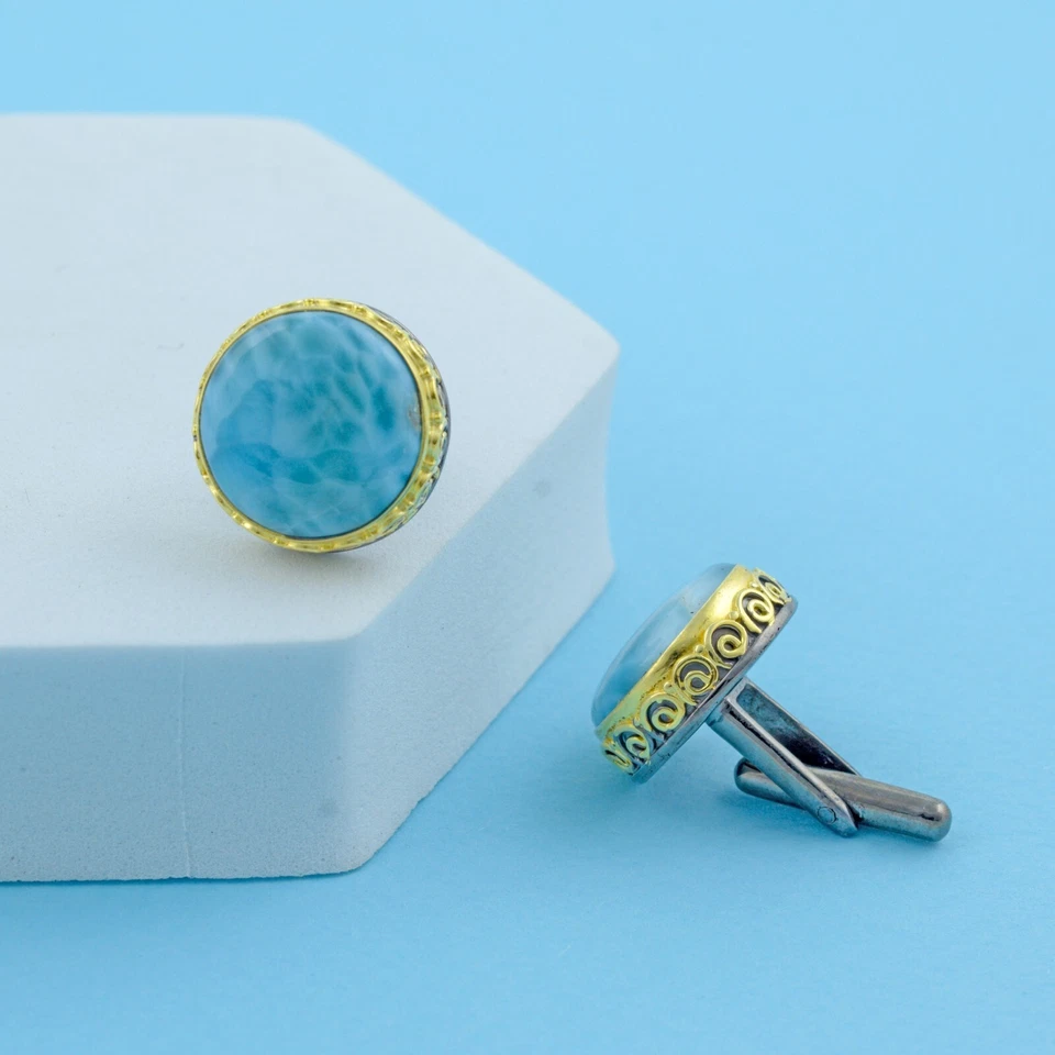 Gemelos para hombre enchapados en oro de plata de ley 925 joyería de piedras preciosas dominicanas Larimar Foto 1 de 4