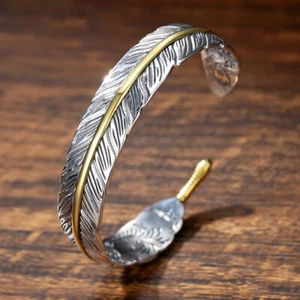 Men's Silver Feather Adjustable Bangle Cuff Bracelet Fashion Retro Jewelry Gift - Picture 1 of 12