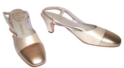 Delman Shoes 9.5 AAA Ivory Satin Gold Cap Toe Slingbacks Pumps Heels New NWOB - Image 1 of 4