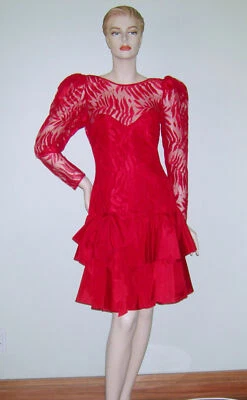  VINTAGE 1980s CONTEMPO CASUALS RED LACE DRESS INDIE BOHO DISCO TIERED PARTY 9 - Image 1 of 4