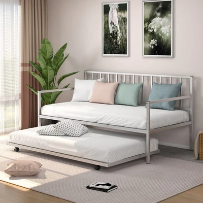 Twin Metal Daybed with Roll Out Trundle Heavy Duty Frame Sofa Bed Set Silver Foto 1 de 4