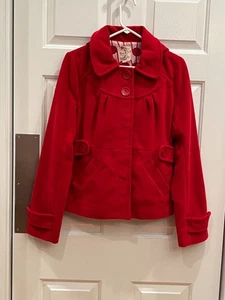 Tulle Red Hooded Swing Blazer Jacket Coat A Line Snap Closure Pleated Size Large - Picture 1 of 14
