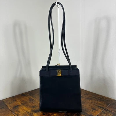 Salvatore Ferragamo Vara Vintage Shoulder Bag Navy Blue Leather - Image 1 of 4