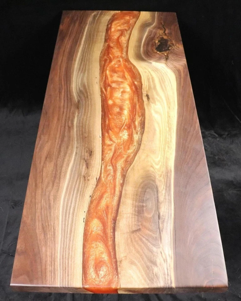 60"x30" Live Edge Walnut Epoxy Dining Table – Emerald Orange Handmade Table - Image 1 of 4