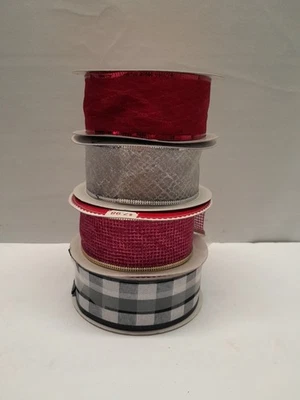 Lot 4 Holiday Time Ribbon 2020 Sheer Red, Silver, Fuchsia & Black/White Checked  - Image 1 of 4