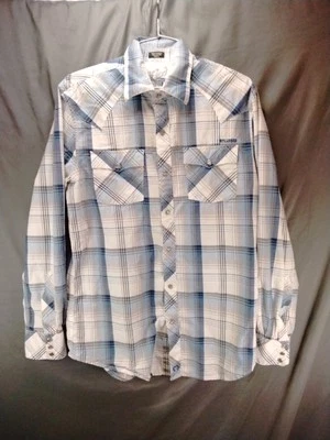 Camisa Bullhead Western Pearl a Presión Para Hombres Mediana A Cuadros Azul Blanco Manga Larga Usada en Excelente Condición Foto 1 de 4