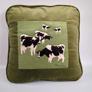 Vintage Velour Velvet Pillow 11" Cow Grazing Holstein Cow Farm Masseau - Picture 1 of 4