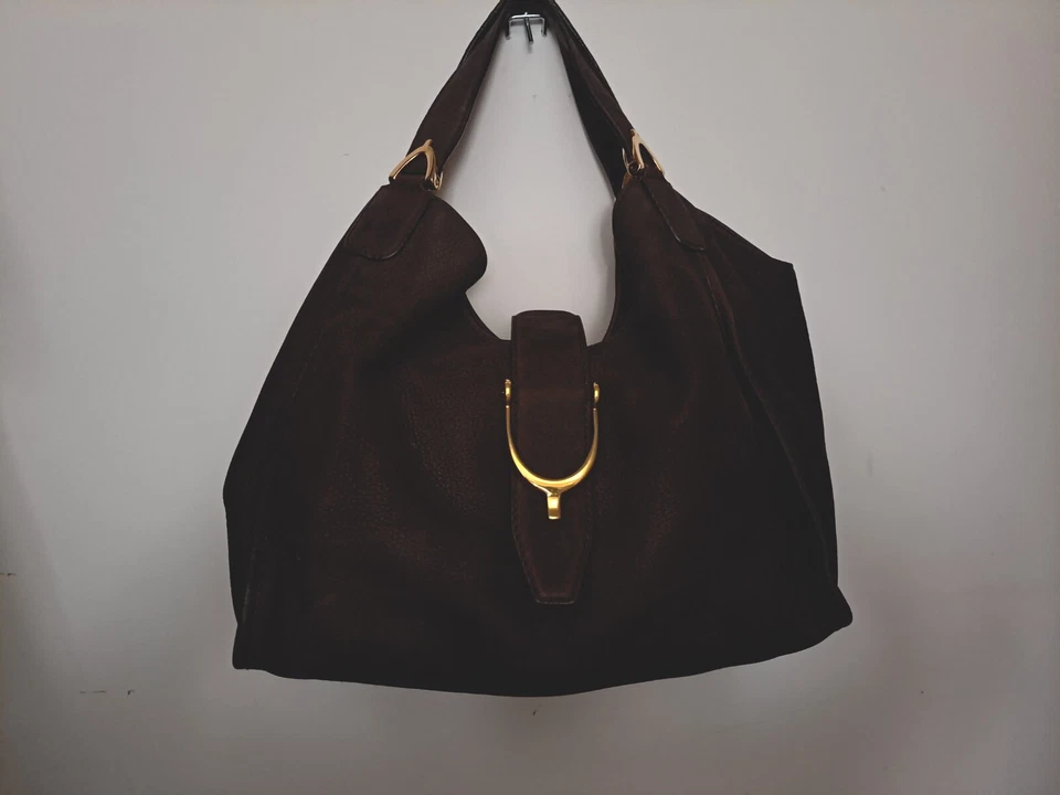 古驰流浪汉柔软棕色麂皮绒马镫翻盖闭合手提包 — 第 1/4 张图片