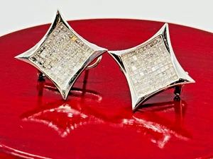 Mens Princess Cut Diamond Earrings 14k White Gold Screw Back & Omega - Picture 1 of 7