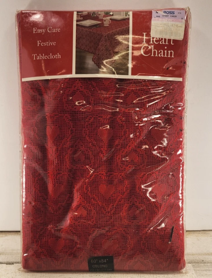 Heart Chain Easy Care Festive Red Hearts 84"x60" Oblong Table Cloth - Image 1 of 4