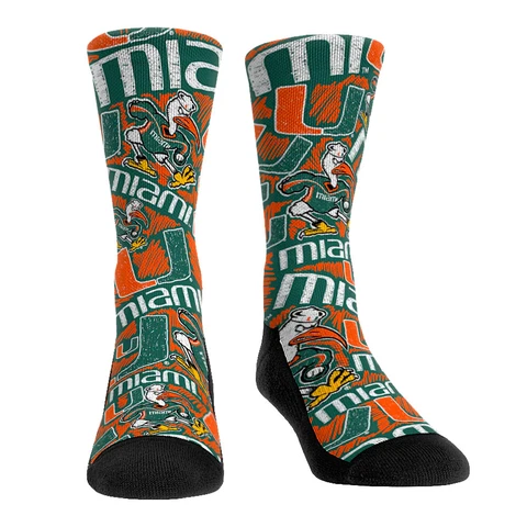 NEW! Rock Em Socks Miami Hurricanes Sketch Logo Crew Socks Cover