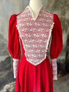 Vintage 70s Red Prairie Maxi Dress White Lace Puff Sleeves Gunne Sax Style - Picture 1 of 10