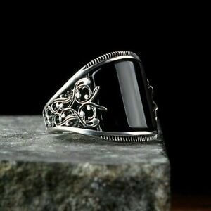 Solid 925 Sterling Silver Curved Onyx Stone Turkish Men's Ring