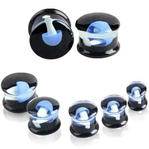1Pair of Blue Glass Mushroom Double Flare Plugs Flesh Tunnel Expander Piercing - Imagen 1 de 6