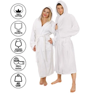 WHITE HOODED BATHROBE 100% COTTON HEAVY TOWEL UNISEX HOSPITAL GOWN ROBE S-XXXXL - Picture 1 of 2