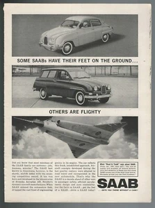 1962 SAAB advertisement, Saab 96 with Saab jet airplane, print ad - Picture 1 of 3